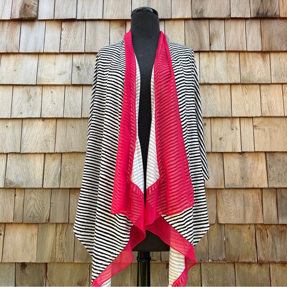 NWT Colour Works 3/4 Sleeve Black and White Striped Open Front Cardigan, L